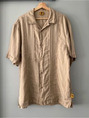 Vintage Steve Harvey Mens XL Camel/Beige Short Sleeve Button Up Linen Silk Shirt